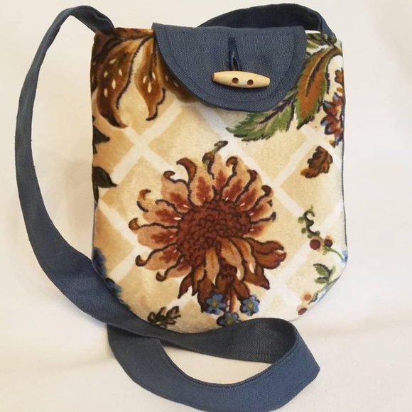Purse Handbag Pouch Messenger Vintage Upholstery Velvet Blue Floral Crossbody - Picture 10 of 10